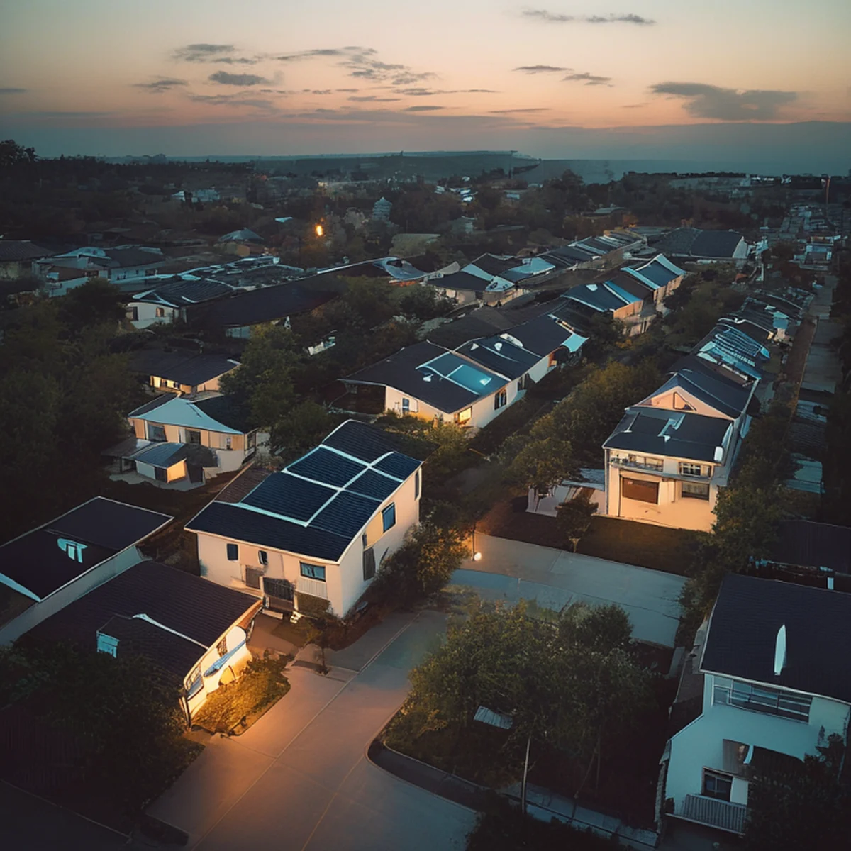 Vista aérea de un barrio residencial con sistemas de energía solar sostenible.
