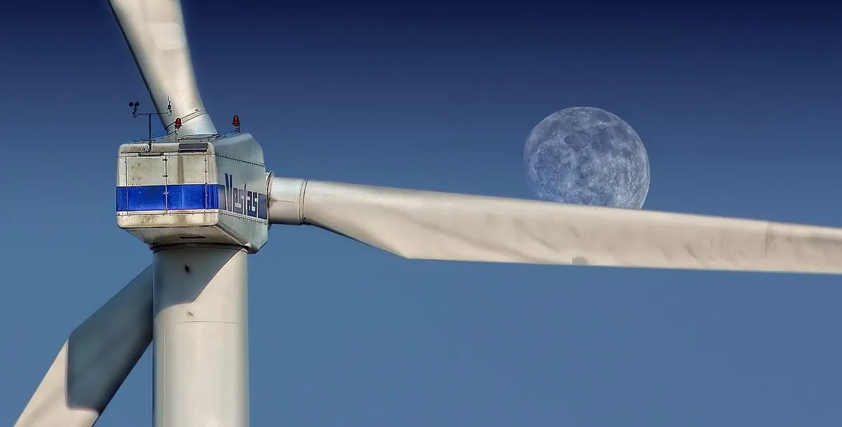 windmill, sky, moon, nature, turbine, wind turbine, wind farm, wind power station, night sky, wind power plant, structure, pinwheel, wind energy, wind power, en
