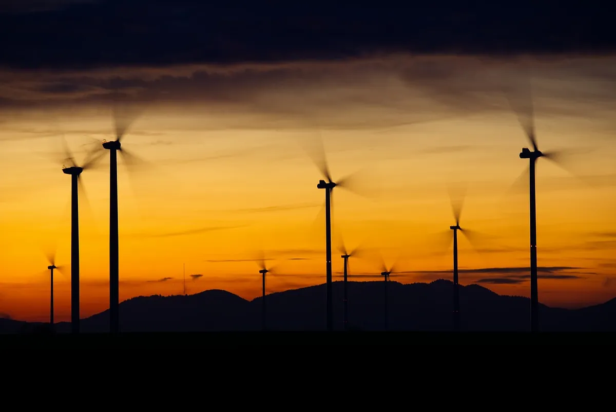wind turbines, silhouettes, blue sky, nature, sunset, dusk, twilight, renewable energy, wind power, energy, blue, environmental technology, rotor, power generat