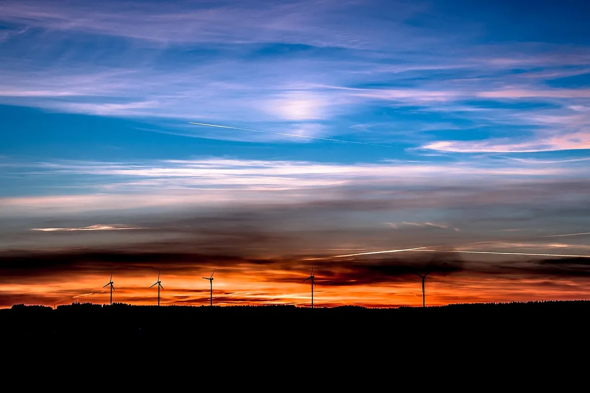 sunset, silhouettes, dusk, twilight, sky, wind energy, cirrus, cirrus clouds, renewable energy, wind power, setting sun, wind turbines, afterglow, nature, cloud